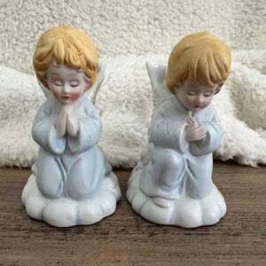 Christmas Angels Praying Candle Holders,Vintage Porcelain Hand Painted, Set Of 2